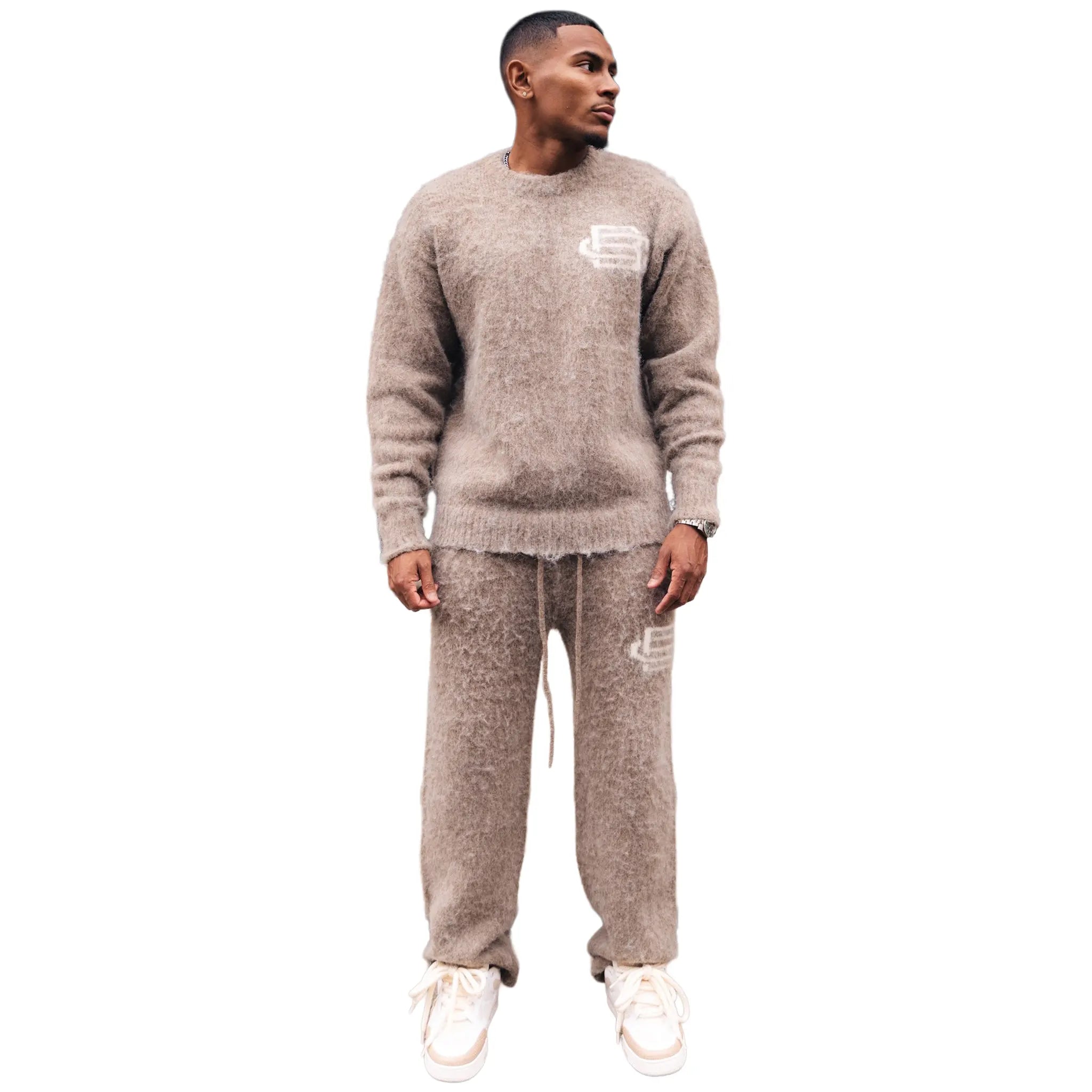Model Front View of Bénir Clothing Mohair Knit BC Taupe Sweatpants MOJOGTAP